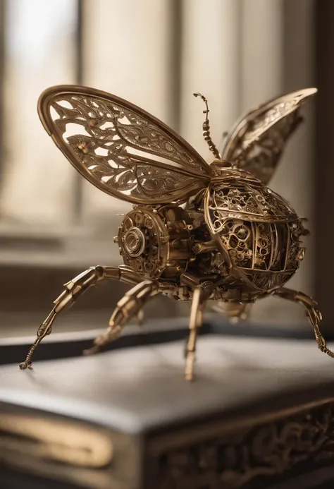 Visualize a mesmerizing and highly detailed mechanical bug, a masterpiece of intricate design. Zoom in on micro-details, capturing the precision of each gear, the delicacy of articulated limbs, and the complexity of its internal machinery.

Highlight the e...