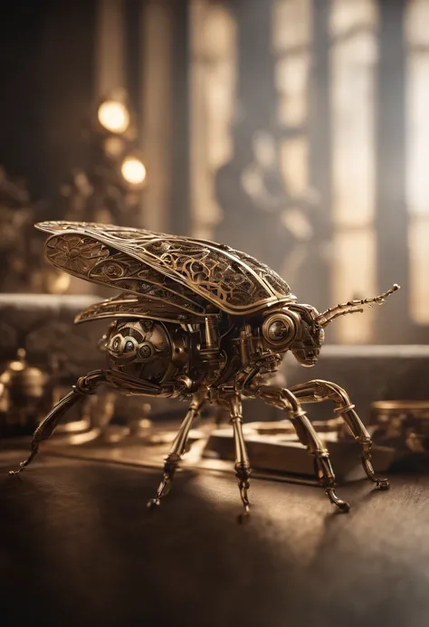 Visualize a mesmerizing and highly detailed mechanical bug, a masterpiece of intricate design. Zoom in on micro-details, capturing the precision of each gear, the delicacy of articulated limbs, and the complexity of its internal machinery.

Highlight the e...