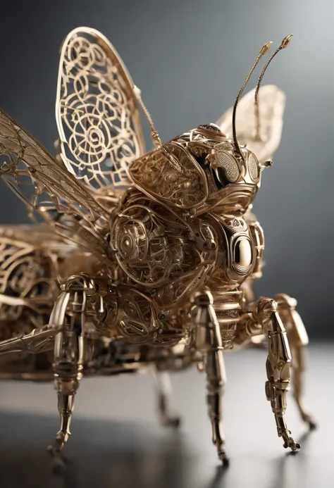 Visualize a mesmerizing and highly detailed mechanical bug, a masterpiece of intricate design. Zoom in on micro-details, capturing the precision of each gear, the delicacy of articulated limbs, and the complexity of its internal machinery.

Highlight the e...