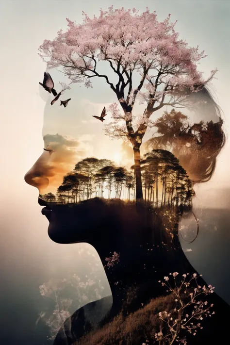 fill the silhouette of a person with delicate flower blossoms, creating a poetic and romantic double exposure that symbolizes th...