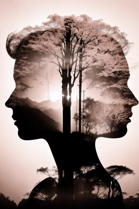 fill the silhouette of a person with delicate flower blossoms, creating a poetic and romantic double exposure that symbolizes th...