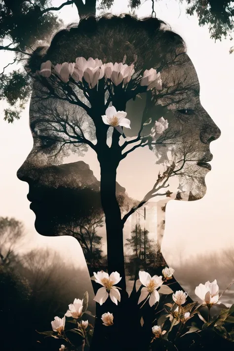 fill the silhouette of a person with delicate flower blossoms, creating a poetic and romantic double exposure that symbolizes th...