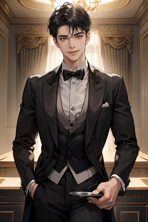 1 boy, Young male, Perfect male body, face to camera, (Butler,black tuxedo, smile, holding tray in hand),color difference, Depth of field, dramatic shadow, Ray tracing, Best quality, Cinematic lighting, Extremely detailed CG, 8k wallpaper,