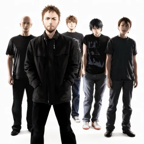 arafed man standing in front of a group of men, radiohead band, 2 0 0 6 advertising promo shot, blur:-1, blur, foto promocional,...