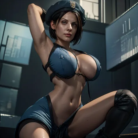 (masterpiece:1.2, Best Quality:1.2, 32K HDR:1.1, High resolution:1.1), ((jillvoth, zota valentine, 1girl in, black hair, short hair, beret:1.15, construction worker boots, Black boots)), (ultra gigantic tits:1.35, SuperHuge boobs:1.35, Exposed shaved armpi...