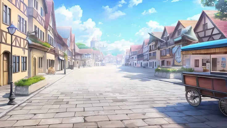 cena de rua estilo anime com uma carruagem puxada por cavalos e uma carruagem puxada por cavalos, Fundo do centro da cidade, Fundo da cidade, cidade em segundo plano, arte de fundo do anime, visual da chave de fundo do anime, a bustling magical town, renai...