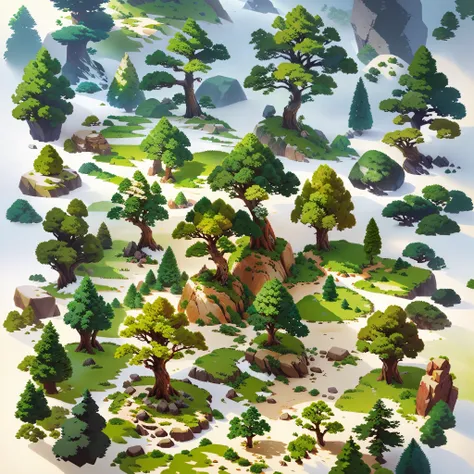 a group of trees and rocks in anime style, detailed trees and cliffs, ultra detailed trees, detailed trees, pre-rendered isometr...