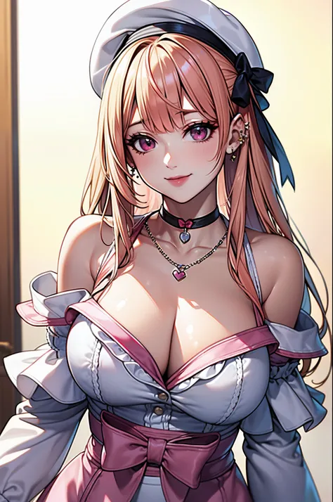 masterpiece, best quality, highres, hs1, light pink eyes, bare shoulders, long sleeves, cleavage, (blonde hair), short hair, scene hair, blunt bangs, pink streaks in hair, (streaky hair), bowtie, red ribbon, huge breasts, cowboy shot, from above, headband,...