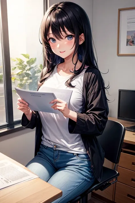 anime girl showing a essay paper to the viewer with an amazing expression, she finally finished writing her essay in her room, girl, black hair, shirt pants, happy expression