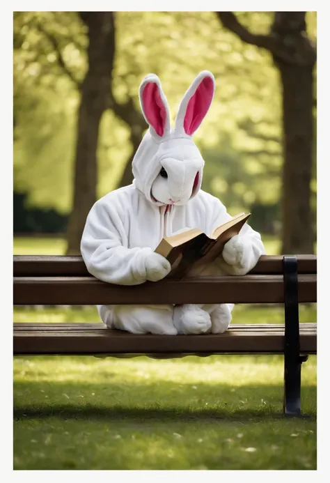 A picture of a person wearing a rabbit onesie, sitting on a park bench and reading a book.,original,I love rabbit.