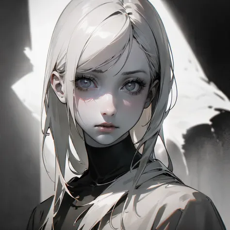 (best quality,ultra-detailed,realistic:1.37),girl,lifeless eyes,lifeless pale skin,beautiful detailed lips,dark hair,dark clothing,lifeless expression,dismal atmosphere,haunting background,creepy,horror,portrait,monochrome,dark shadows,subtle lighting, ful...