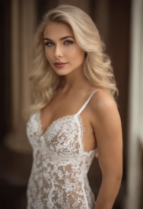 21 year old, blonde beautiful women, wearing lingerine, looking sexy, looking in the camera, showing a big decolte