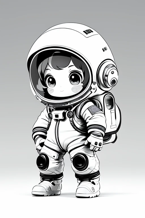 a chibi girl, astronaut, (line art), monochrome