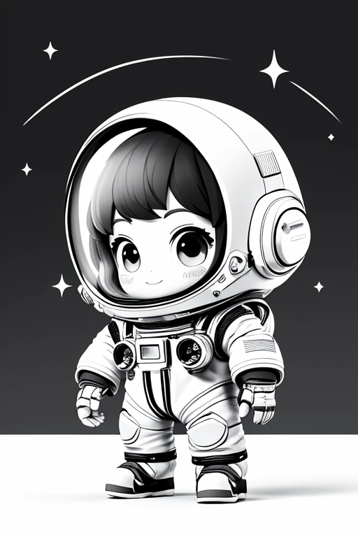 a chibi girl, astronaut, (line art), monochrome