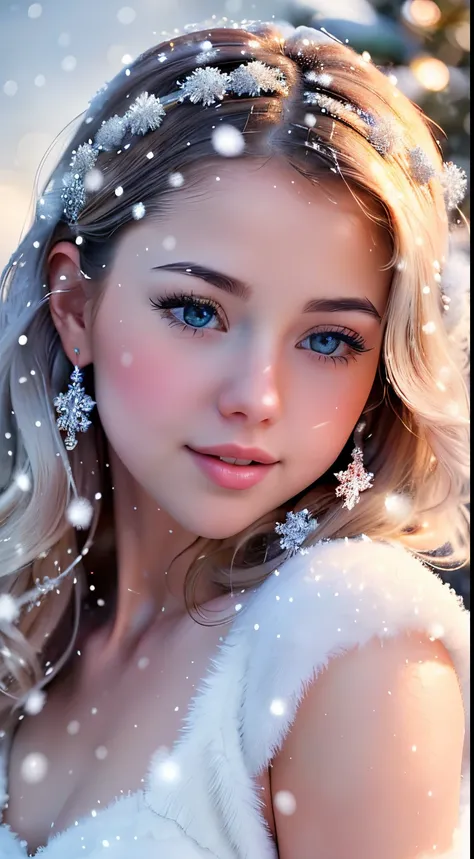 (best quality,4k,8k,highres,masterpiece:1.2),ultra-detailed,(realistic,photorealistic,photo-realistic:1.37),soft lighting,warm color tones,(sparkling snow,soft snowflakes),Selena Gomez, charming smile,long eyelashes, beauty,natural makeup,lace Whool linger...