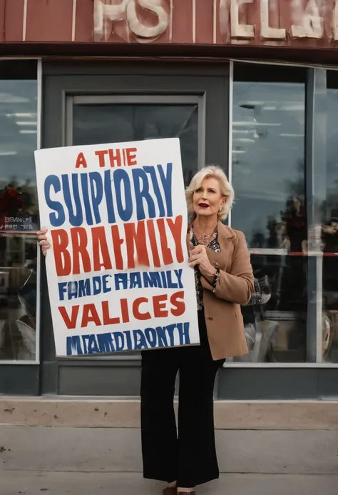 A photo of Karen leading a boycott against a local store that sells inappropriate merchandise. She is standing outside the store holding a sign that says Support Family Values.,original,Bleach blonde Karen haircut. Middle aged white woman with a pinched lo...