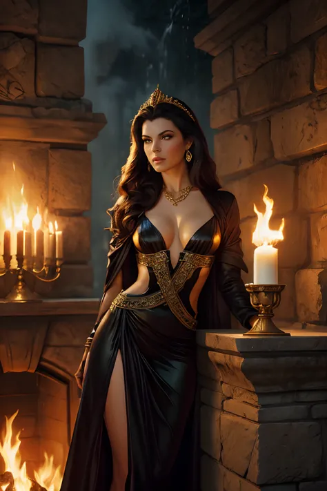 ((realistic:1.5)),((best quality)), ((masterpiece)),((detailed)), a mature stunningly beautiful evil queen, lush dark hair and green eyes, vain and arrogant, sinister, sparkling jewels and jewelry, inside of her elaborate ancient palace, stone walls, burni...