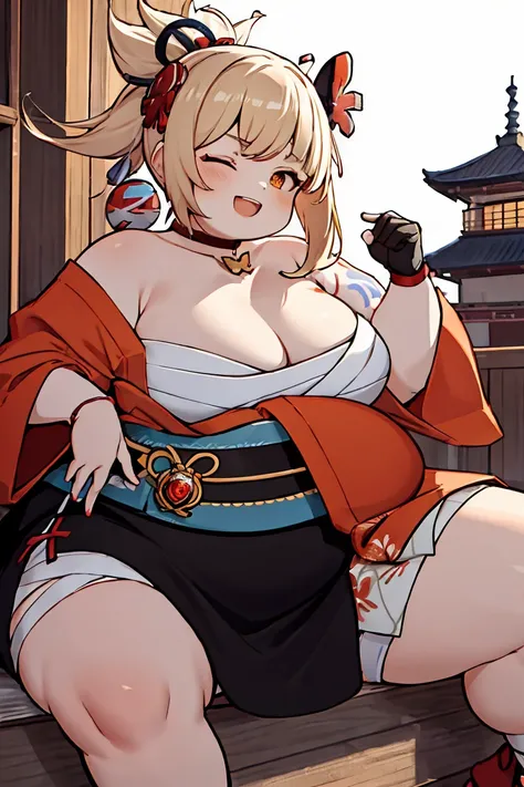 Fat Yoimiya, Masterpiece, masterful, high resolution, 1 female, Blonde hair, Medium hair, Obese Body, Asymmetrical hair, Floating hair, Blindfold, High ponytail, side locks, hair adornments, fish hair ornament, nipple tassels, Hairpin, bangs, Orange eyes, ...