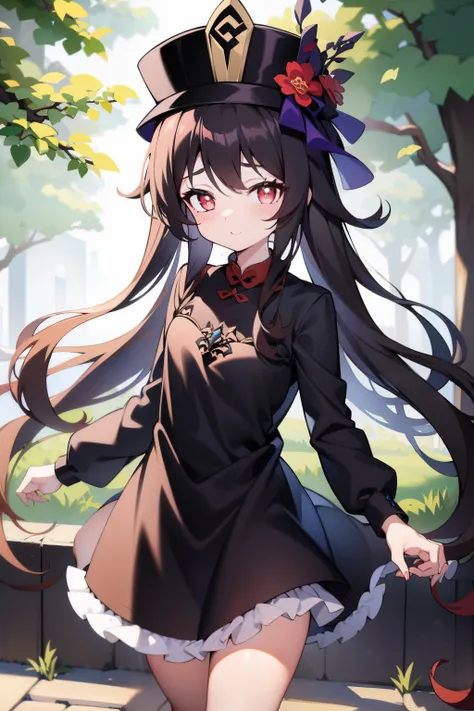 1girll,hutao,masterpiece,best quality,black tiara,dress,hats,outside,ln the forest