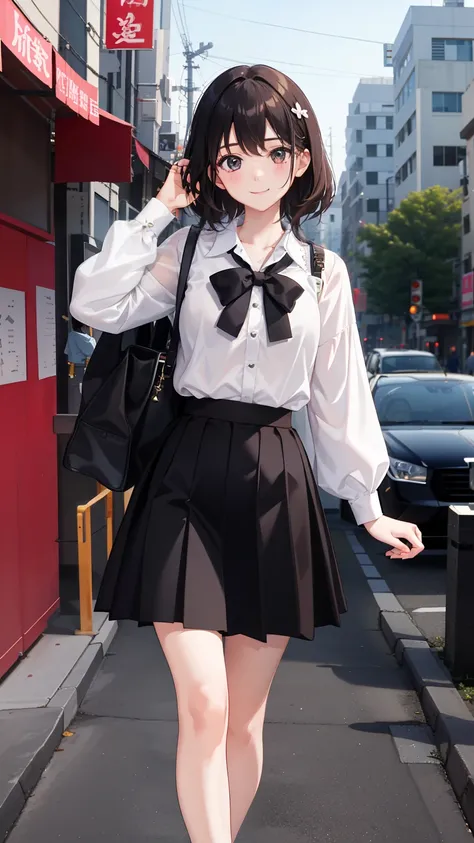 1girl in、imagem 4k、A smile、The shirt、Blouse、（paler）skirt by the、（small tits）Chilarism、movement、