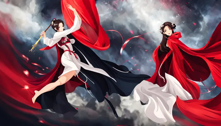 Super high quality, masterpiece, perfect illustration, extreme detail (exquisite light and shadow, highly dramatic picture,) Stroke, 1 girl, solo, (wearing red, black and white Hanfu,) flower field, flowers, (white smoke:1.3) (Realistic:1.4), Zen entanglem...