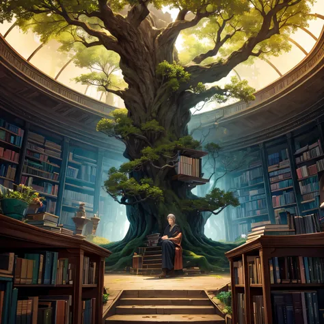 Tree of knowledge surrounded by bookshelves, spiraling high tree in the middle, dark atmosphere, dim light above the tree, enchanting surrounding, source of knowledge