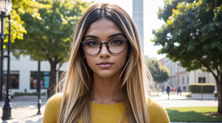 In the soft glow of a sunny afternoon on the college campus, um modelo confiante e vibrante com short, cabelo loiro adornado com as cores do LGBTQI+ espectro exala individualidade e orgulho. With fair skin and a pair of stylish glasses, ela adiciona um toq...