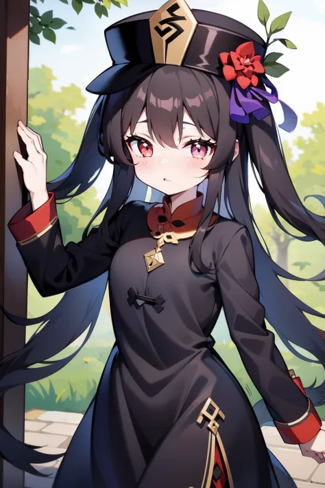 1girll,HuTao,Masterpiece,Best quality,Black tiara,dress,Hats,outside,ln the forest