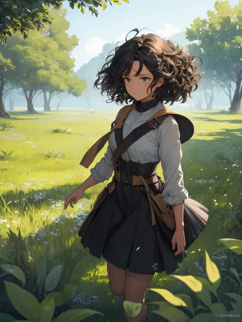 in a green meadow is a black girl with curly hair leading a group of riders.
break
with a brave expression, she guides them towa...