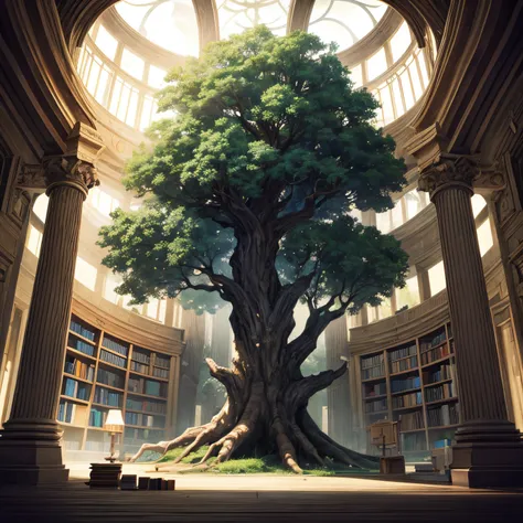 Tree of knowledge surrounded by bookshelves, spiraling high tree in the middle, dark atmosphere, dim light above the tree, enchanting surrounding, source of knowledge, serene and peace without any presence of human, twining roots from the tree all over the...