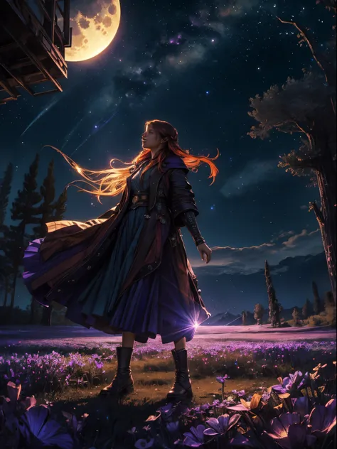 expansive landscape photograph , (a view from below that shows sky above and open field below), a girl standing on flower field looking up, (full moon:1.2), ( shooting stars:0.9), (nebula:1.3), distant mountain, tree BREAK
production art, (warm light sourc...