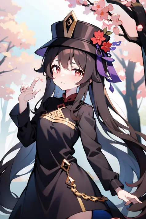 1girll,hutao,masterpiece,best quality,black tiara,dress,hats,outside,ln the forest