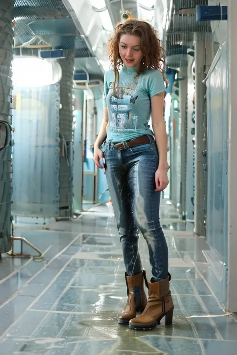 (tall thin attractive European woman standing in a new bathroom), (((light blue skinny jeans))), (mint green blouse), black belt, ((stiletto heel boots)), (((bright lighting))), (((show boots))),  (short curly red hair), blue eyes,  inviting smile, carnal,...