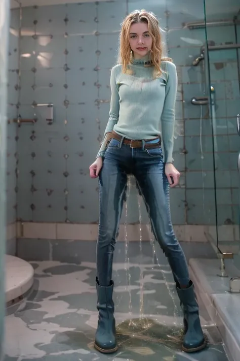 (tall thin attractive European woman standing in a new bathroom), (((light blue skinny jeans))), (mint green blouse), black belt, ((stiletto heel boots)), (((bright lighting))), (((show boots))),  (short curly red hair), blue eyes,  inviting smile, carnal,...