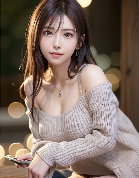 (Woman with long pink hair)、(off-the-shoulder sweater、Oversized sweater)、(Mini skirt)、(cross-legs sitting、Hands lying on thighs)、on the beds、Medium chest、Deep Valley、top-quality、​masterpiece、illustratio、extremely delicate and beautiful、highlydetailed skin、...