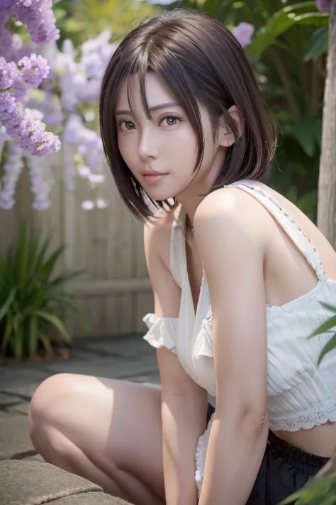 ((((masutepiece, Best Quality, High resolution)))), extremely detailed 8K,  (Ultra HD, Ultra-detailed, Highly detailed, Highly realistic, Ultra-realistic, photos realistic), (1girll), short wavy hair, bob cuts, facing at camera, lightsmile, Purple eyes, (b...