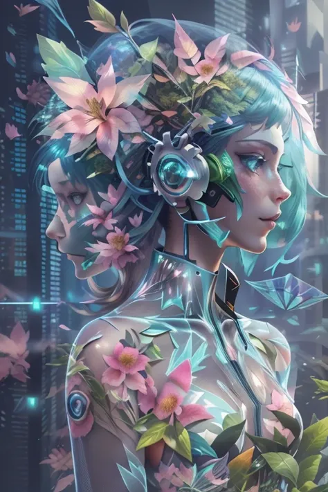 Dublakes style，woman portrait[blossoms：0.2]，leaf city，[Leaf foreground，urban backdrop：0.5]，Mecha girl avatar，Futuristic virtual holographic digital image background，（Doubleexposure：1.8），Complex illustrations in surrealist art style，Surreal dreams，Become an...