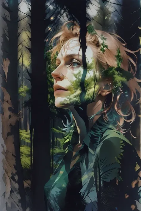 Doubleexposure:1.5，Color semi-00d,Claire Denis (Claire Denis) A top-down view, Woman Half Forest, Portrait photos，real photograph