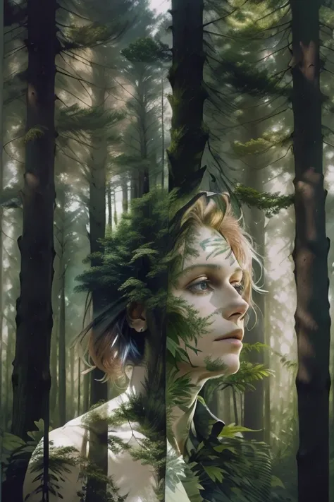 Doubleexposure:1.5，Color semi-00d,Claire Denis (Claire Denis) A top-down view, Woman Half Forest, Portrait photos，real photograph