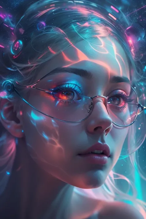 （multiple exposure：1.8），Dubrec style，Girl virtual holographic digital avatar，Futuristic magnificent starry sky image foreground，psychedelic starry sky，In space，Complex illustrations in surrealist art style，Surreal dreams，Become an invisible virtual hologra...