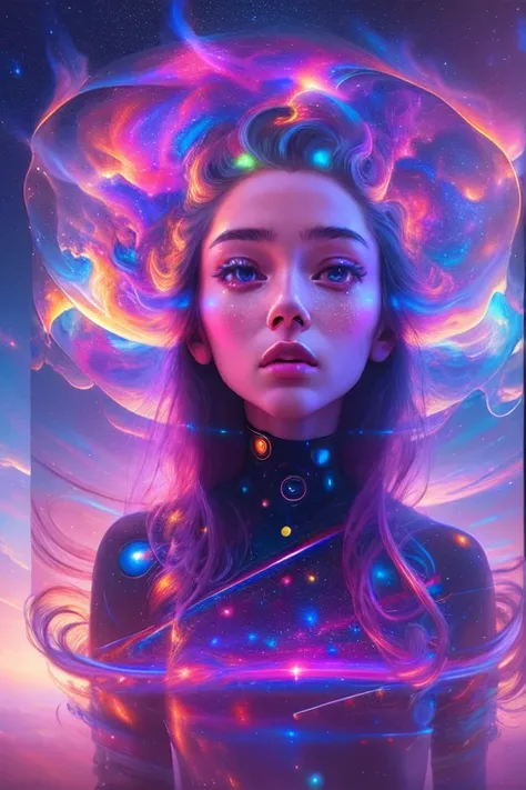 （multiple exposure：1.8），Dubrec style，Girl virtual holographic digital avatar，Futuristic magnificent starry sky image foreground，psychedelic starry sky，In space，Complex illustrations in surrealist art style，Surreal dreams，Become an invisible virtual hologra...