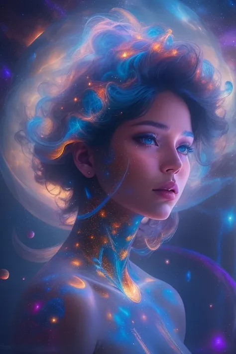 （multiple exposure：1.8），Dubrec style，Girl virtual holographic digital avatar，Futuristic magnificent starry sky image foreground，psychedelic starry sky，In space，Complex illustrations in surrealist art style，Surreal dreams，Become an invisible virtual hologra...