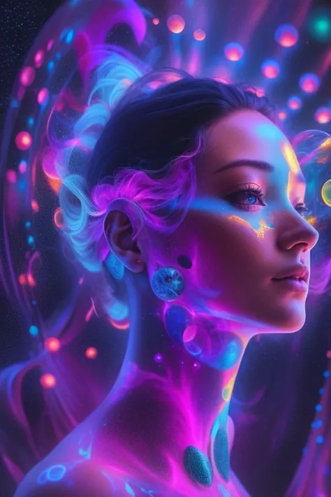 （multiple exposure：1.8），Dubrec style，Girl virtual holographic digital avatar，Futuristic spectacular alien landscape prospect，psychedelic planet，magic nebula，In space，Complex illustrations in surrealist art style，Surreal dreams，Become an invisible virtual h...