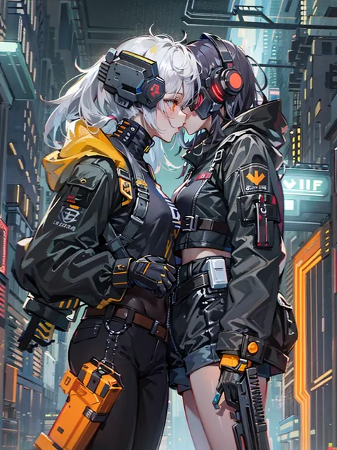 Cyberpunk. Skinny girl. Cyborg. Hold rifle. Flat chest. Orange eyes. Futurist hairstyle. Crop top. White hair. Cyber eyes. Kissing another girl