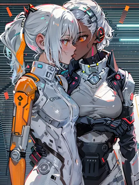 Cyberpunk. Skinny girl. Cyborg. Hold rifle. Flat chest. Orange eyes. Futurist hairstyle. Crop top. White hair. Cyber eyes. Kissing another girl