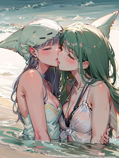 Shark anthropomorphic girl kissing girls on beach . NSFW. Naked