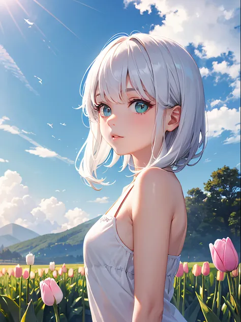 1girl, 18 years old, white hair, perfect, beautiful face, beautiful eyes, beautiful, beautiful body, small number of tulip flowers in the foreground，Medium green meadow，The vista is alpine, the blue sky is white, and goes，Natural light at noon，masterpiece，...