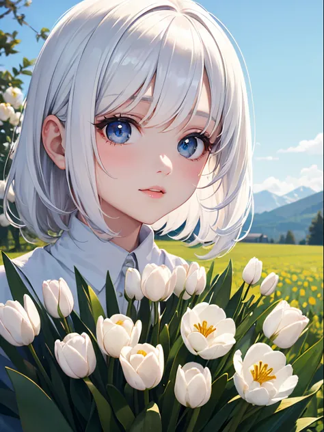 1girl, 18 years old, white hair, perfect, beautiful face, beautiful eyes, beautiful, beautiful body, small number of tulip flowers in the foreground，Medium green meadow，The vista is alpine, the blue sky is white, and goes，Natural light at noon，masterpiece，...