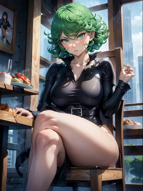 1girl, short green hair, green eyes, ((black dress, sitting, crossed legs, legs focus, tsundere, looking away, in a chair, restaurant)), curvy figure, overlooking city, blush, day 

BREAK 

(((Masterpiece))), ((Highly detailed character)), ((perfect eyes))...