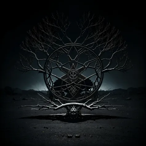 [Ancient occult sigil of a dead tree of life]::3, [an ancient sword entangled in its roots]::3. [dead branches and roots are symmetrical and wild]::1.5. Sharp edges and strong bevels::4. esoteric::1.5 Black Vector Art::3, Logo::4, Symbol::4, Dark::2, Occul...